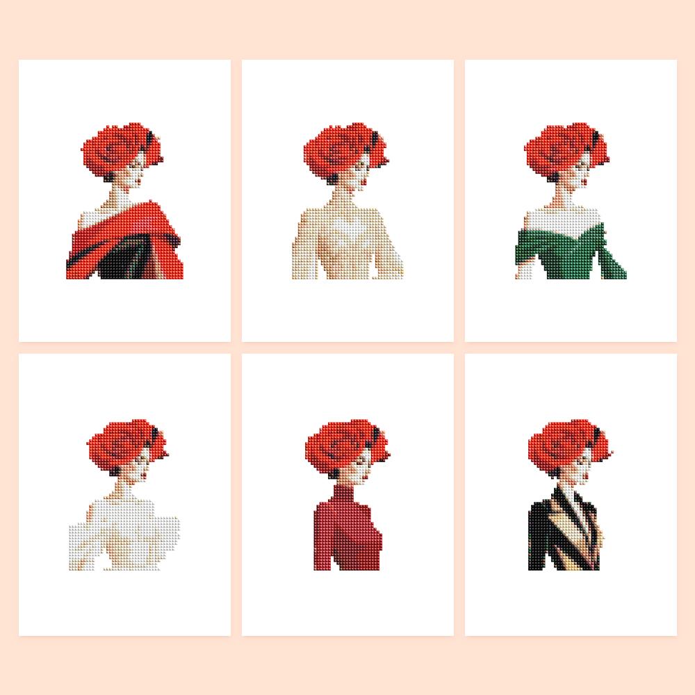 Scarlet Glamour Portraits mini diamond painting – Elegant women with big scarlet rose-like headpieces and red lips, in red, cream, green, white and black outfits