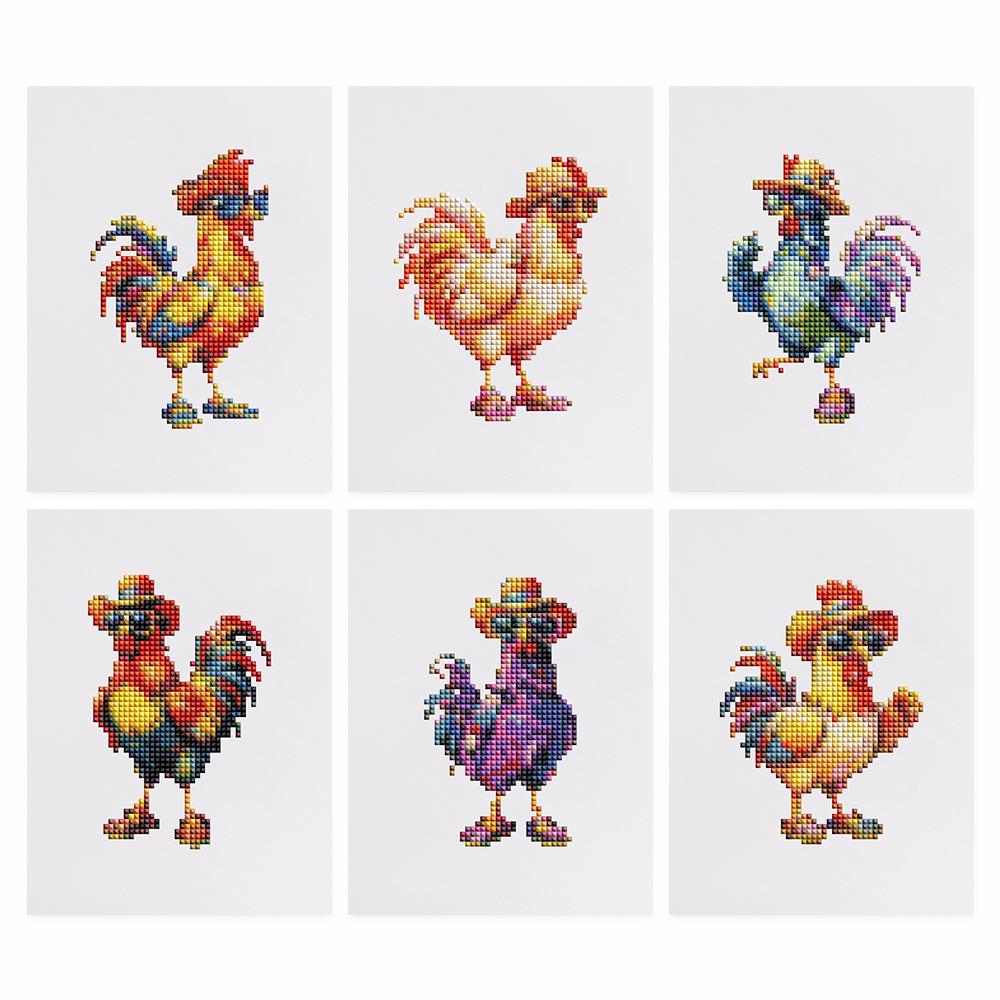 Cool Roosters in Sunglasses mini diamond painting – the 6 designs laid out on white