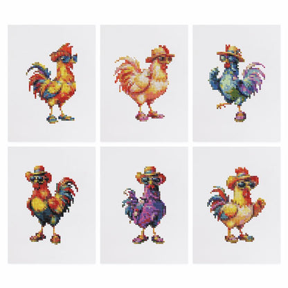 Cool Roosters in Sunglasses mini diamond painting – the 6 designs laid out on white