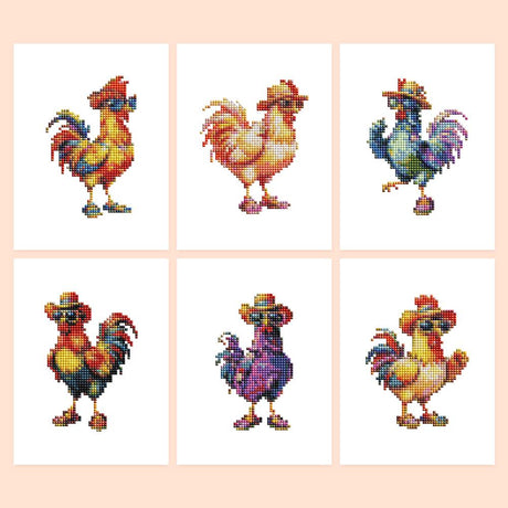 Cool Roosters in Sunglasses mini diamond painting – Colorful cartoon roosters in sunglasses, caps and straw hats, in red, gold, blue and purple plumage
