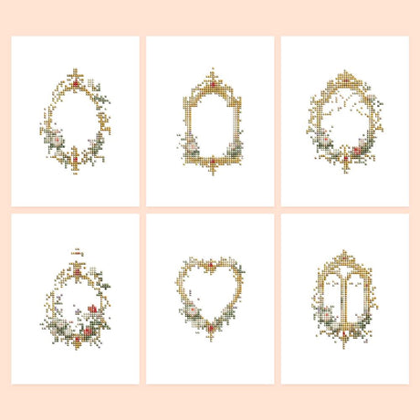 Gilded Floral Mirror Frames mini diamond painting – Six ornate gold vintage frames, oval, arched and heart-shaped, trimmed with small roses and leaves