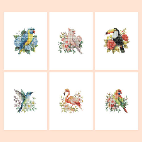 Tropical Birds in Bloom mini diamond painting – Six birds among flowers: a macaw with blue hydrangeas, pink cockatoo, toucan, hummingbird, flamingo and lovebird