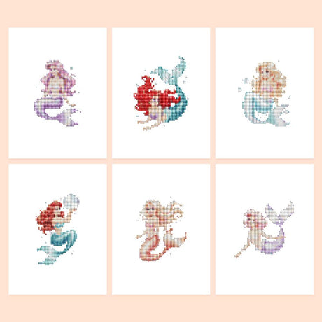 Pastel Mermaid Daydreams mini diamond painting – Six mermaids with flowing hair and tails in lilac, teal, pale blue and coral, two with long red hair