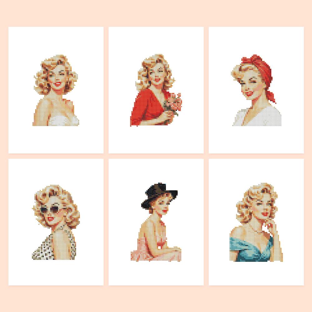 Retro Pin-Up Glamour Portraits mini diamond painting – Six vintage pin-up portraits of a curly platinum blonde: red dress, red bandana, sunglasses, black hat, blue wrap