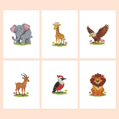 Safari Animals on Grassy Tufts mini diamond painting – Six cartoon wild animals on grass tufts: elephant, giraffe, eagle, antelope, woodpecker and lion