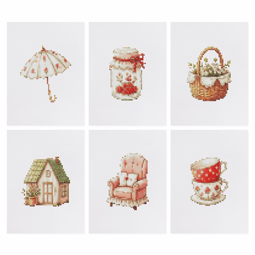 Cottage Teacups and Parasol mini diamond painting – the 6 designs laid out on white