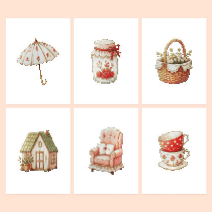 Cottage Teacups and Parasol mini diamond painting – Six cozy vintage items in red and cream: parasol, berry jar, daisy basket, cottage, armchair, stacked teacups