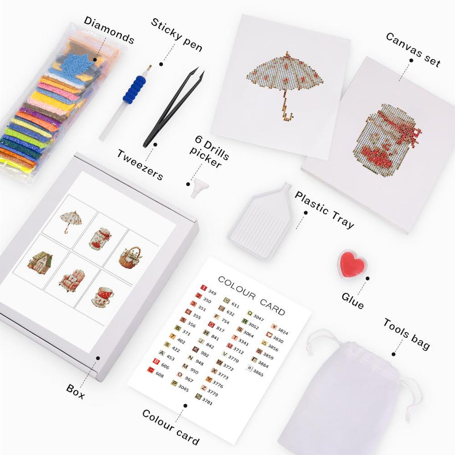 Mini diamond painting kit contents