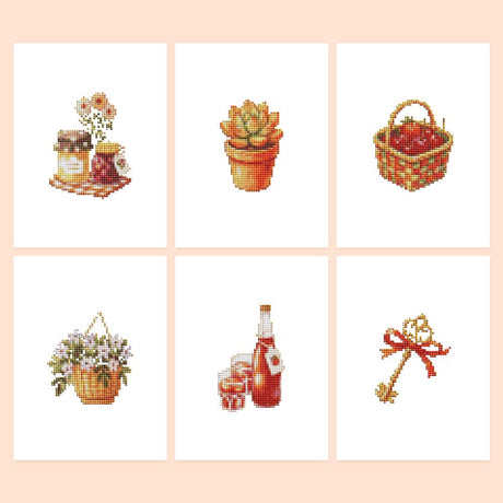 Harvest Jam Jars and Golden Key mini diamond painting – Six autumn motifs: jam jars, succulent, basket of red fruit, hanging flowers, red cordial bottle, gold key