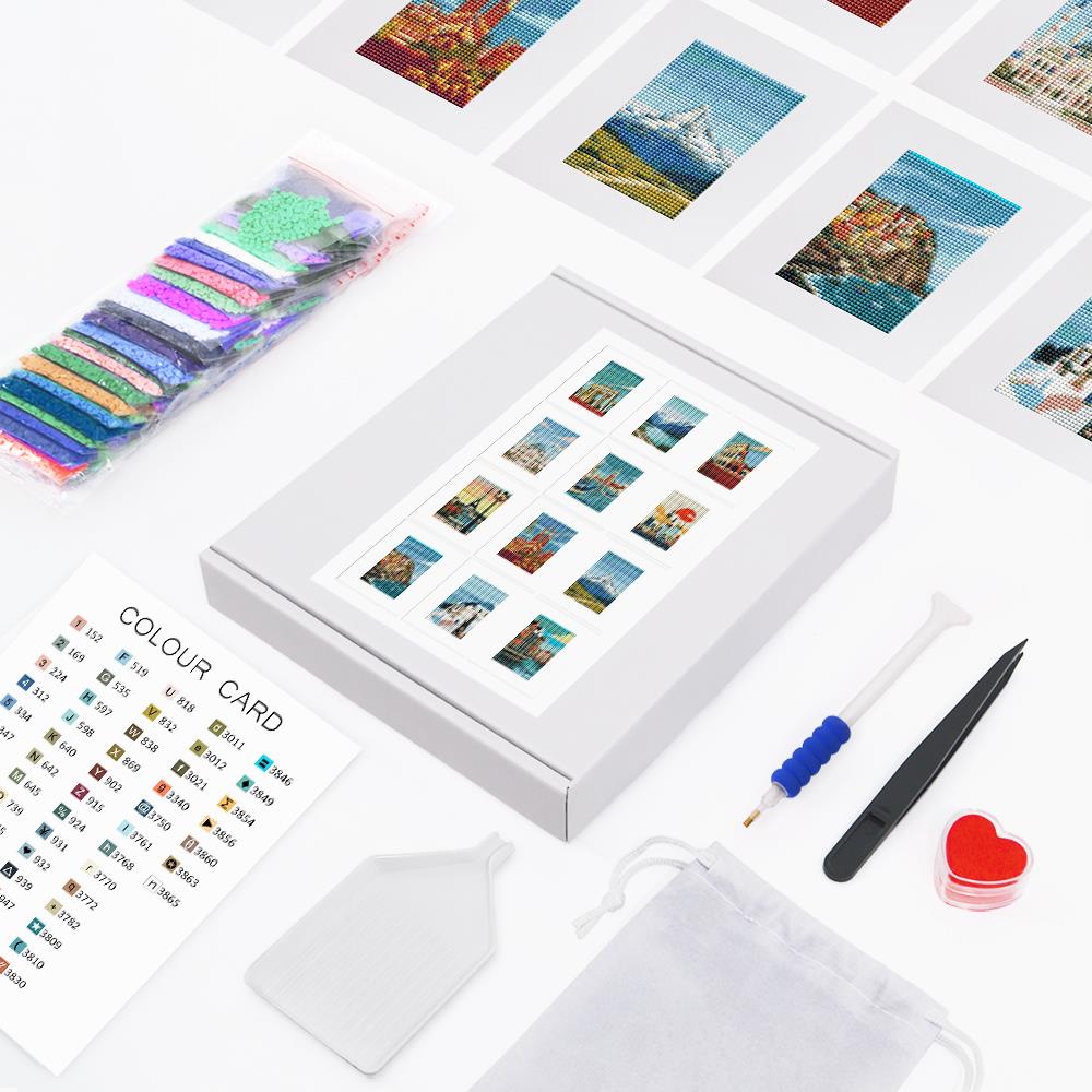 Grand Tour Travel Posters mini diamond painting – the box with 12 canvases, diamonds and tools