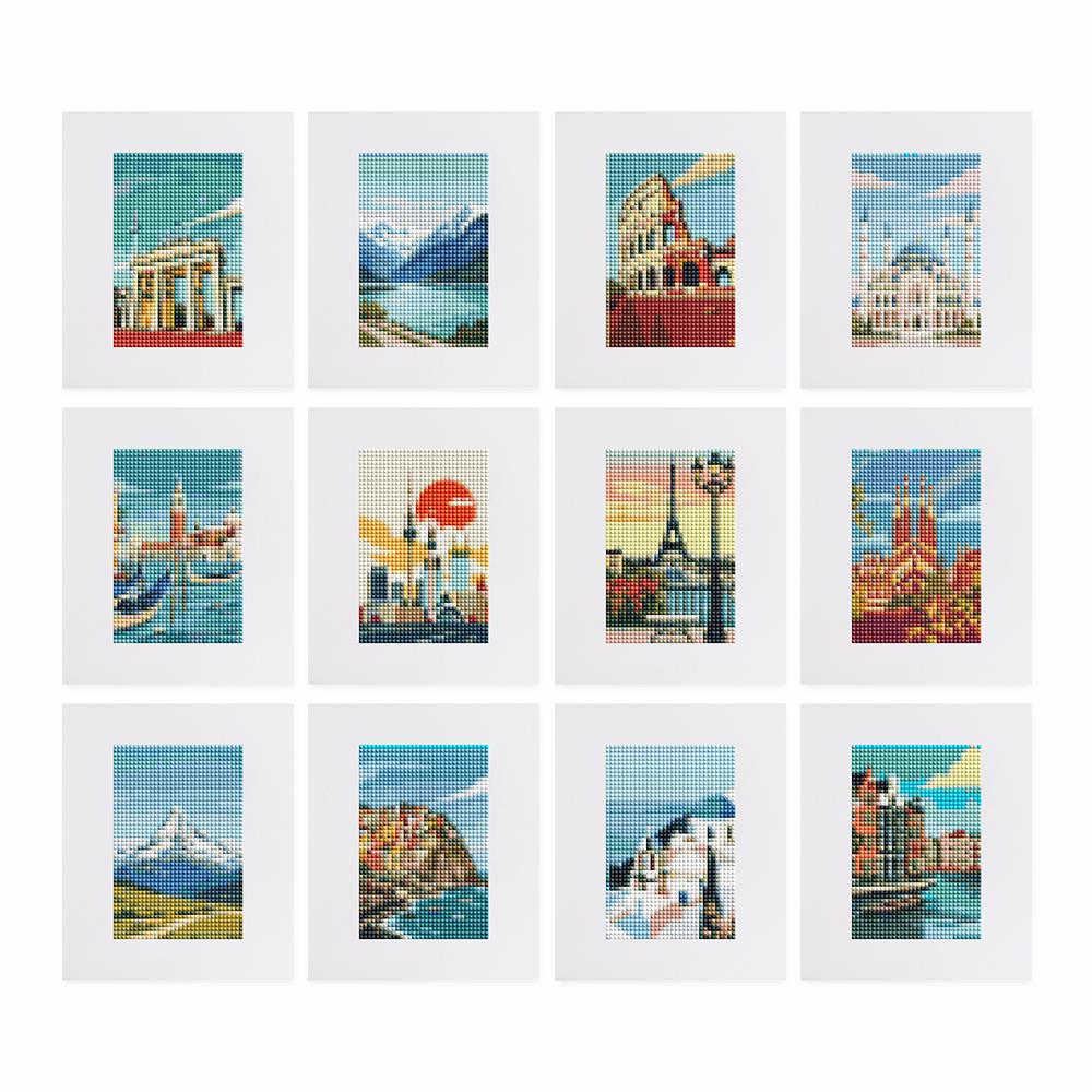 Grand Tour Travel Posters mini diamond painting – the 12 designs laid out on white