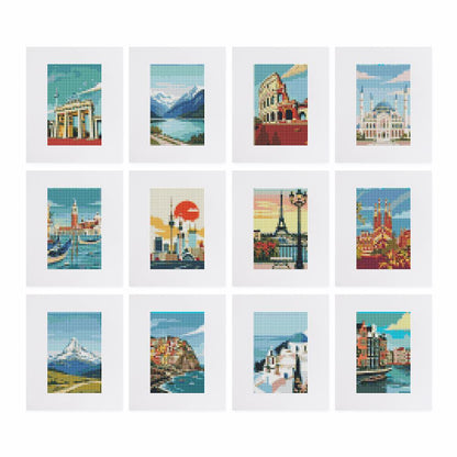 Grand Tour Travel Posters mini diamond painting – the 12 designs laid out on white
