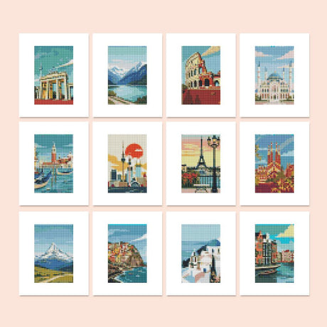 Grand Tour Travel Posters mini diamond painting – Travel posters of European sights: Colosseum, Eiffel Tower, Venice, Santorini, Alpine peaks and canal houses