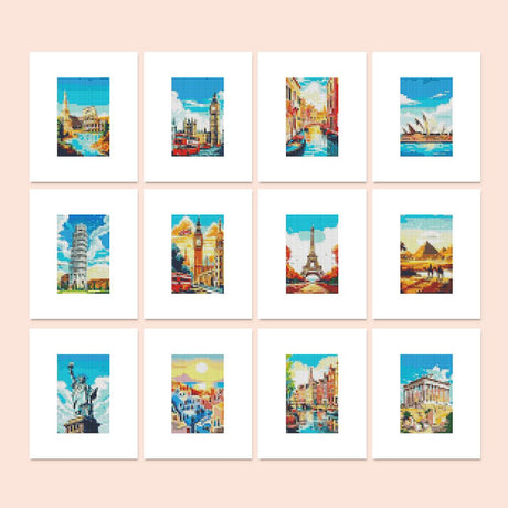 Big Ben to the Pyramids mini diamond painting – Sunny travel posters of world landmarks: Big Ben, Eiffel Tower, Pisa, Sydney Opera House, Venice, pyramids, Parthenon