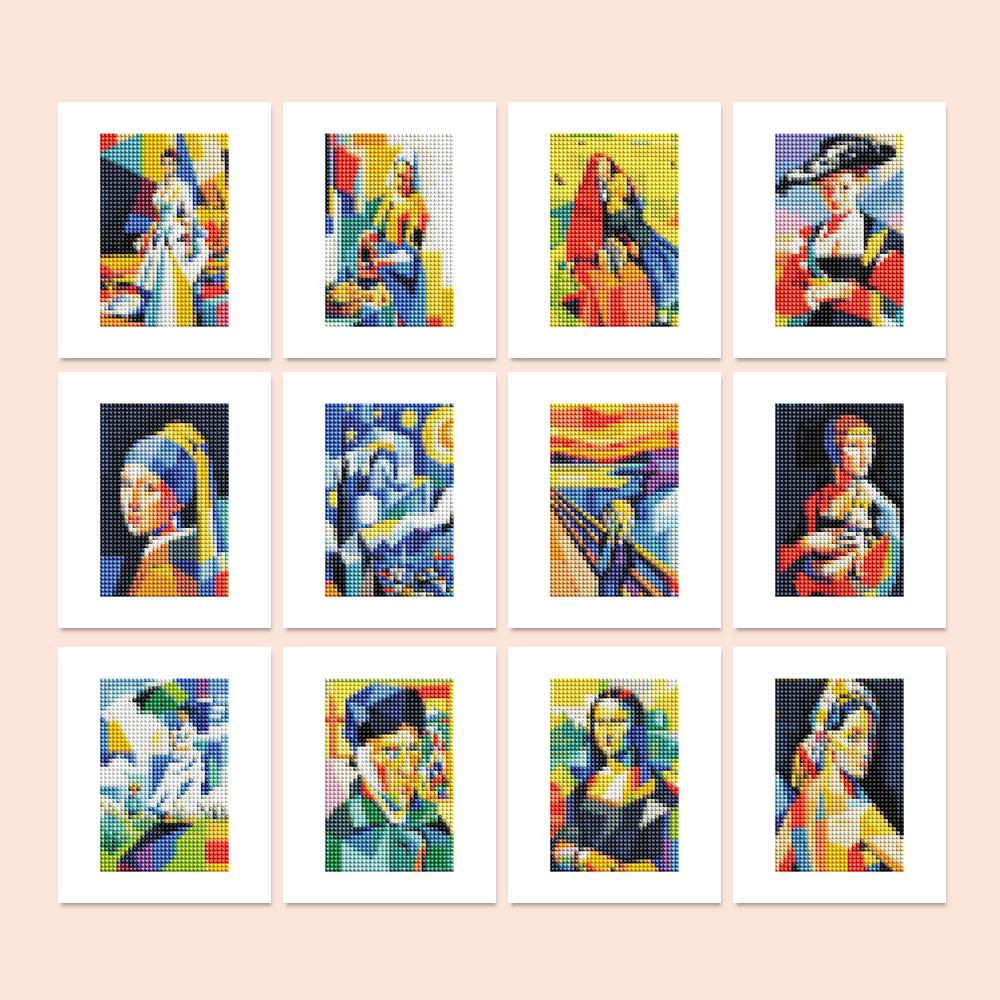 Cubist Gallery Masterpieces mini diamond painting – Famous classic paintings redrawn in bold geometric color blocks, including a starry night and a screaming figure