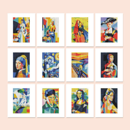 Cubist Gallery Masterpieces mini diamond painting – Famous classic paintings redrawn in bold geometric color blocks, including a starry night and a screaming figure