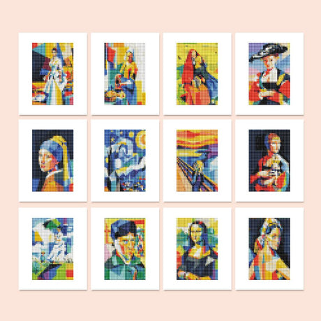 Cubist Gallery Masterpieces mini diamond painting – Famous classic paintings redrawn in bold geometric color blocks, including a starry night and a screaming figure