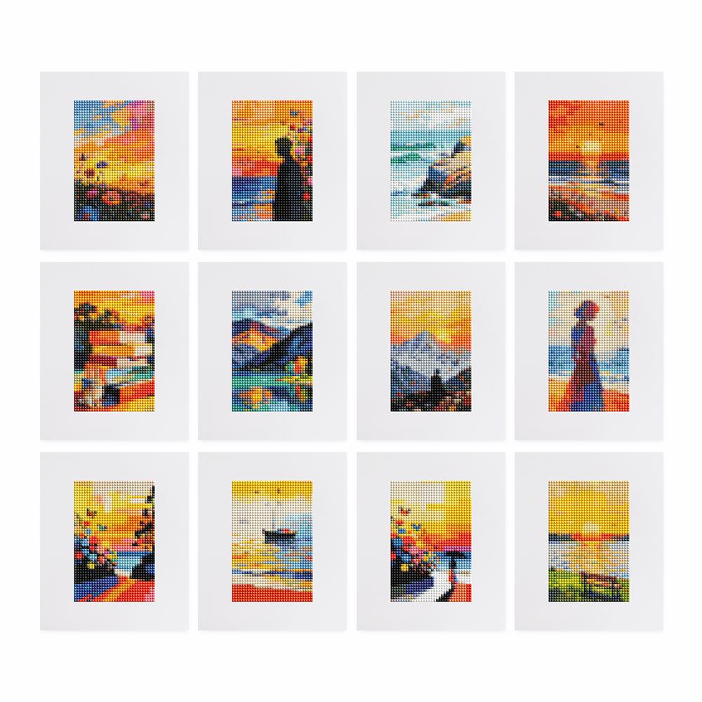 Palette Knife Golden Hours mini diamond painting – the 12 designs laid out on white