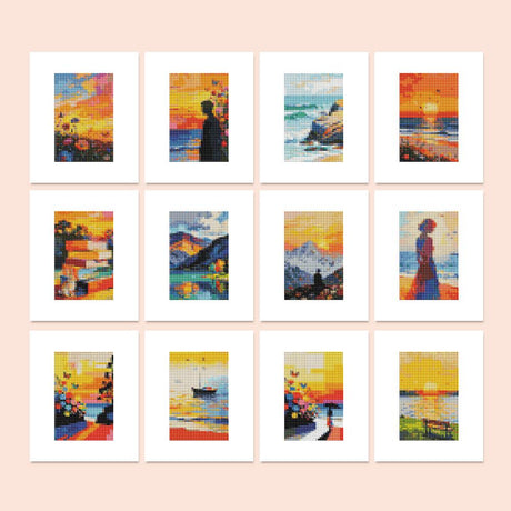 Palette Knife Golden Hours mini diamond painting – Palette-knife style sunset scenes: glowing seas, a sailboat, mountains, flower fields and lone figures at dusk
