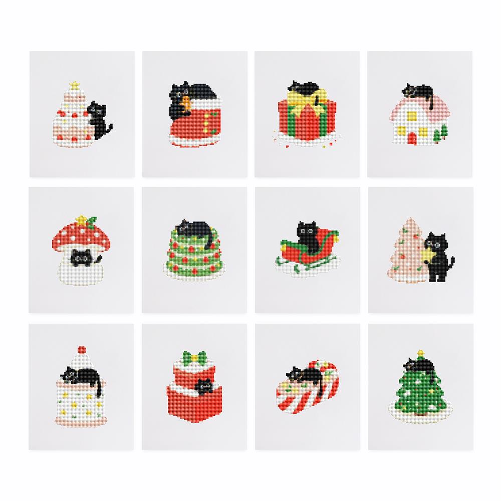 Black Cat Christmas Mischief mini diamond painting – the 12 designs laid out on white