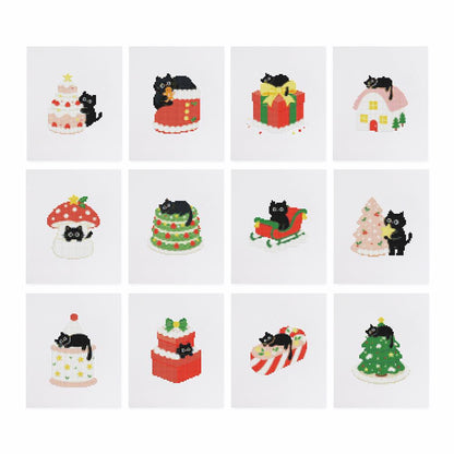 Black Cat Christmas Mischief mini diamond painting – the 12 designs laid out on white