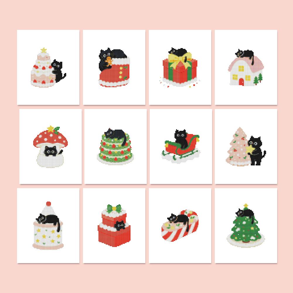 Black Cat Christmas Mischief mini diamond painting – A cartoon black cat curled on Christmas cakes, gifts, a sleigh, candy cane, gingerbread house and trees