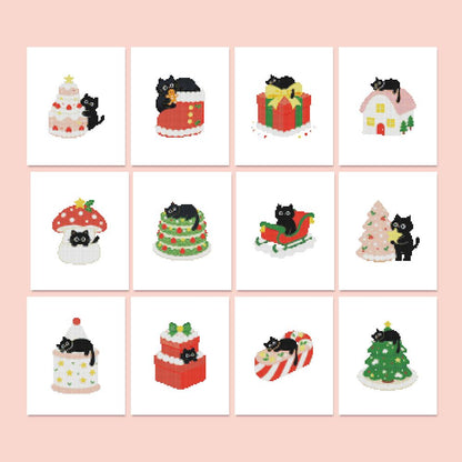 Black Cat Christmas Mischief mini diamond painting – A cartoon black cat curled on Christmas cakes, gifts, a sleigh, candy cane, gingerbread house and trees