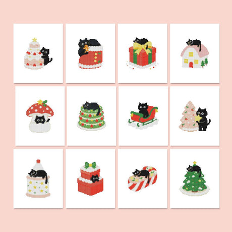 Black Cat Christmas Mischief mini diamond painting – A cartoon black cat curled on Christmas cakes, gifts, a sleigh, candy cane, gingerbread house and trees