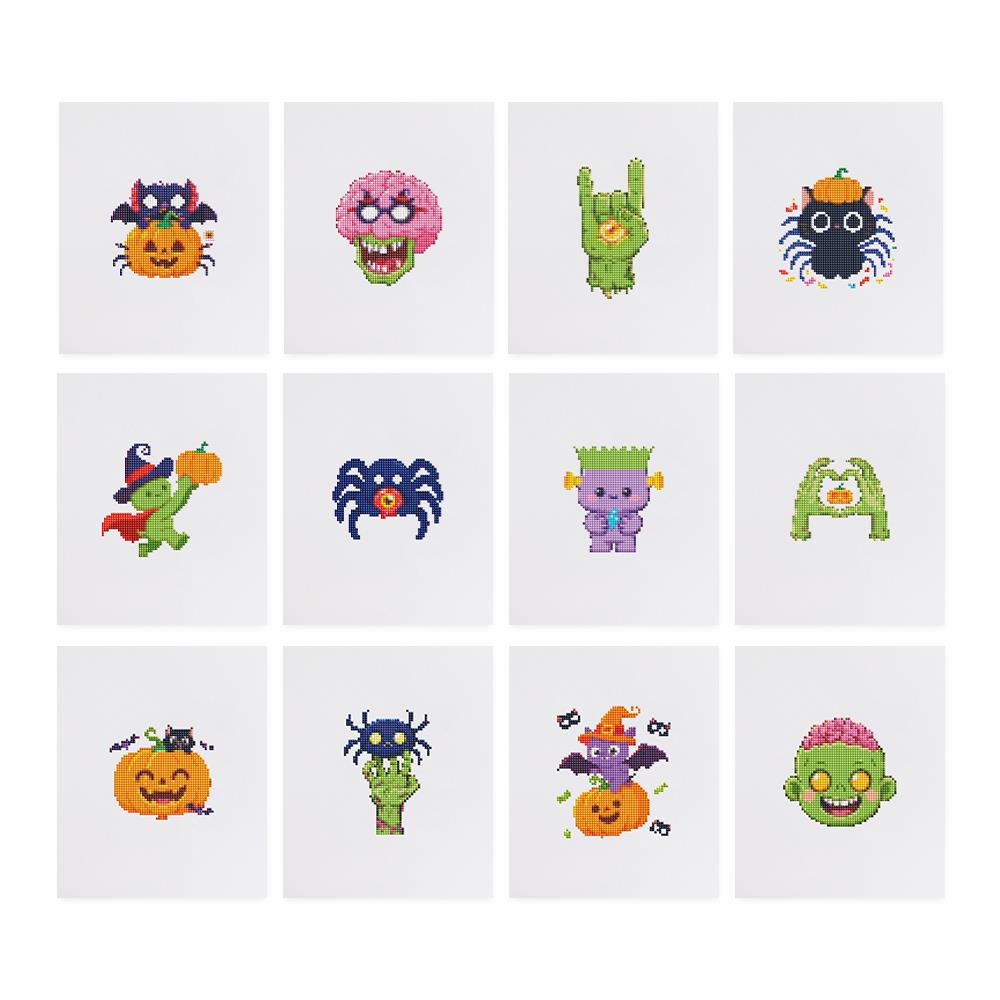 Goofy Zombie Monster Party mini diamond painting – the 12 designs laid out on white