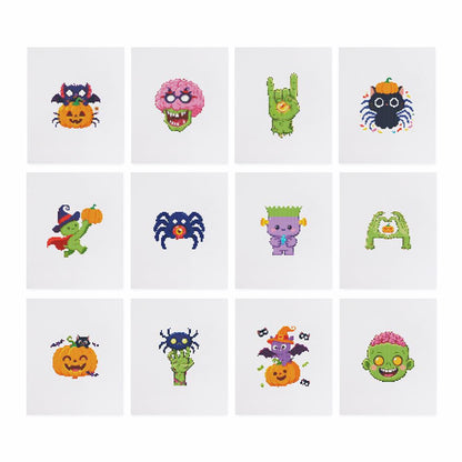 Goofy Zombie Monster Party mini diamond painting – the 12 designs laid out on white