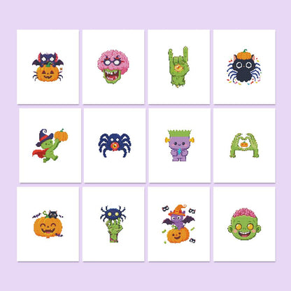Goofy Zombie Monster Party mini diamond painting – Cartoon Halloween monsters: zombie hands, a pink brain, spiders, a purple monster, bats and jack-o'-lanterns