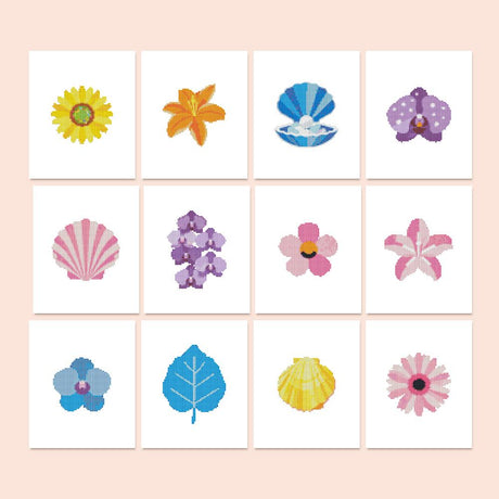 Orchids and Seashell Treasures mini diamond painting – Single blooms and shells: sunflower, lilies, orchids, hibiscus, a blue leaf, scallop and clam shells