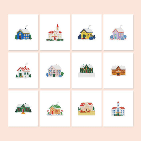 Colorful Cottages and Chapels mini diamond painting – Little colorful buildings: cottages, a steepled chapel, a manor, a brick hall and a clock-tower town hall