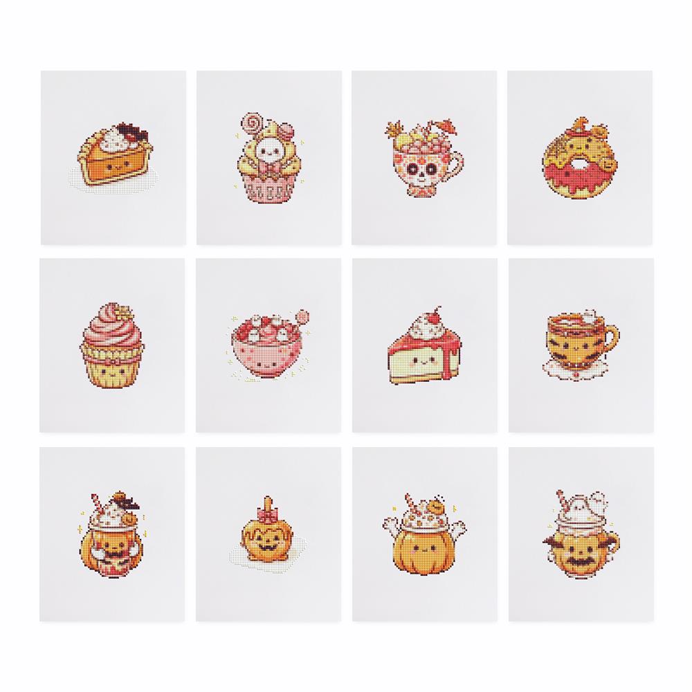 Pumpkin Spice Sweet Treats mini diamond painting – the 12 designs laid out on white