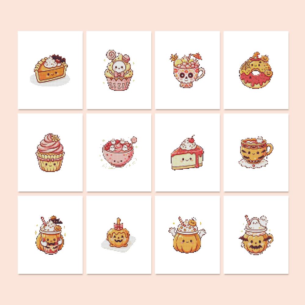 Pumpkin Spice Sweet Treats mini diamond painting – Cute autumn treats: pumpkin pie, cupcakes, a donut, cake slice, skull cup and jack-o'-lantern lattes