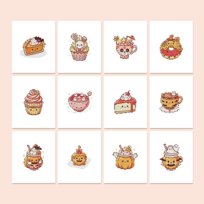 Pumpkin Spice Sweet Treats mini diamond painting – Cute autumn treats: pumpkin pie, cupcakes, a donut, cake slice, skull cup and jack-o'-lantern lattes
