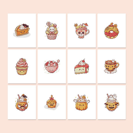 Pumpkin Spice Sweet Treats mini diamond painting – Cute autumn treats: pumpkin pie, cupcakes, a donut, cake slice, skull cup and jack-o'-lantern lattes
