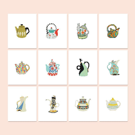 Patchwork Teapots and Pitchers mini diamond painting – Patterned teapots, jugs and pitchers in mustard, teal, red and black folk and polka-dot designs