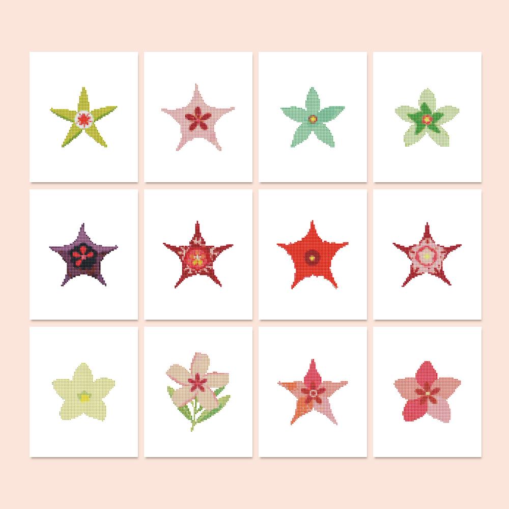 Starfish Flower Garden mini diamond painting – Star-shaped blooms and starfish shapes in lime, mint, pink, scarlet and deep plum