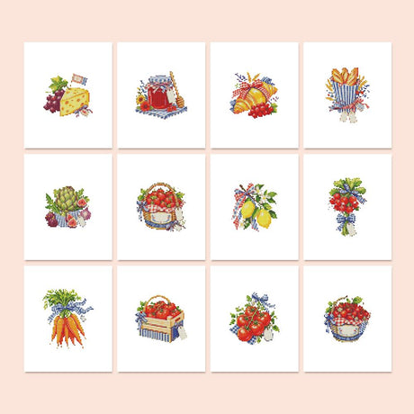 Ribbon-Tied Market Harvest mini diamond painting – Market produce tied with ribbons: grapes and cheese, jam, croissants, lemons, radishes, carrots, berry crates