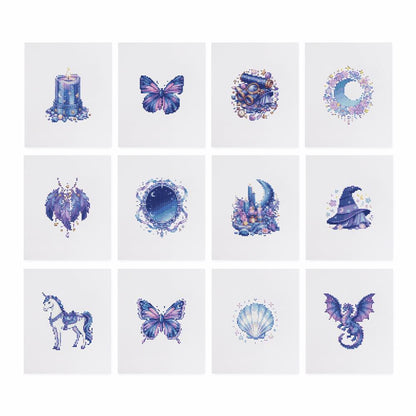 Indigo Moon and Unicorn Magic mini diamond painting – the 12 designs laid out on white