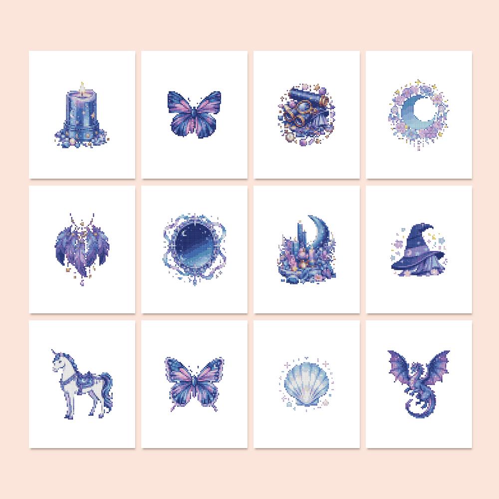 Indigo Moon and Unicorn Magic mini diamond painting – Indigo and violet magic: unicorn, dragons, butterflies, wizard hat, crescent moons, candles, a shell