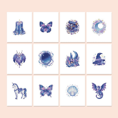 Indigo Moon and Unicorn Magic mini diamond painting – Indigo and violet magic: unicorn, dragons, butterflies, wizard hat, crescent moons, candles, a shell