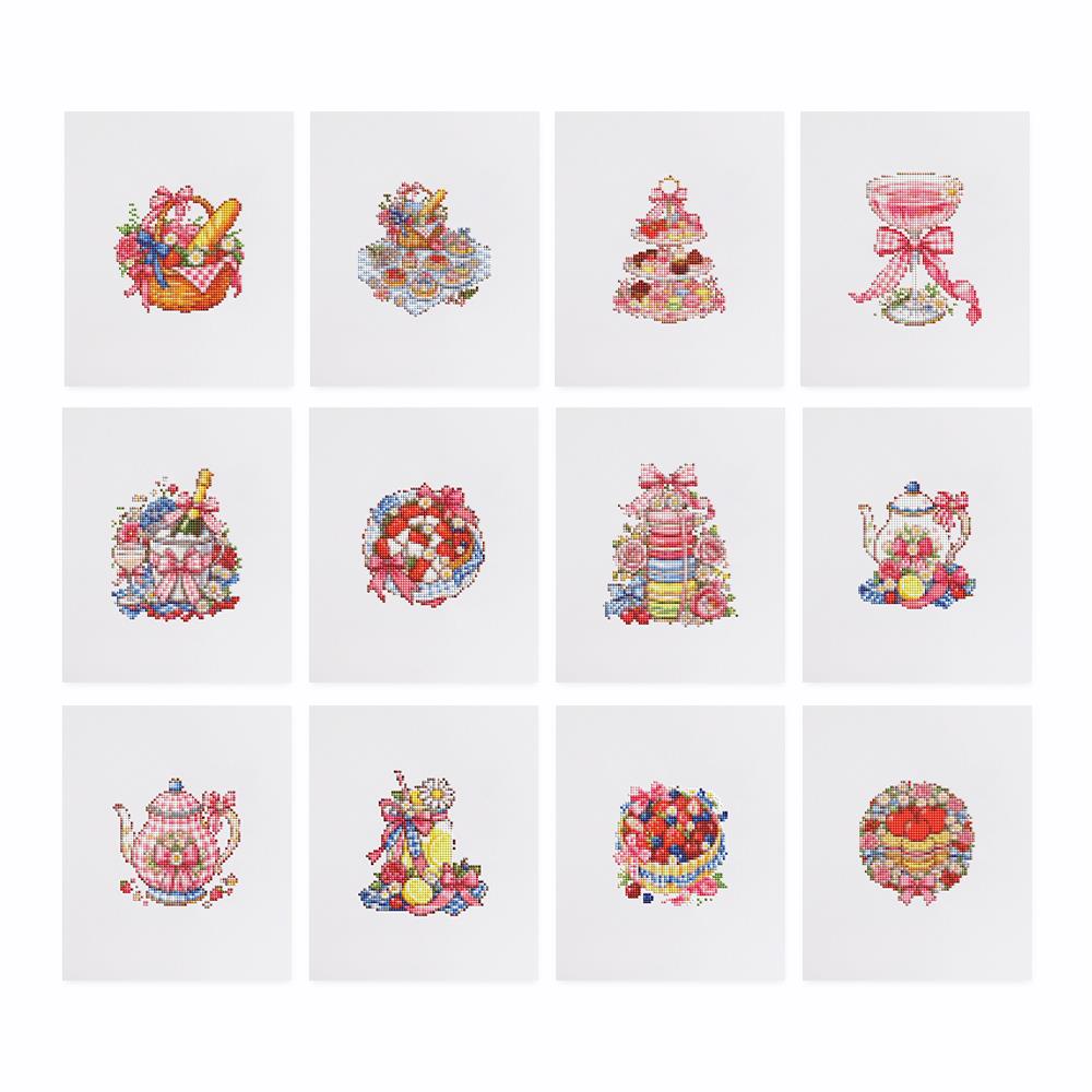 Pink Ribbon Afternoon Tea mini diamond painting – the 12 designs laid out on white
