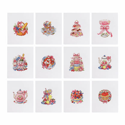 Pink Ribbon Afternoon Tea mini diamond painting – the 12 designs laid out on white