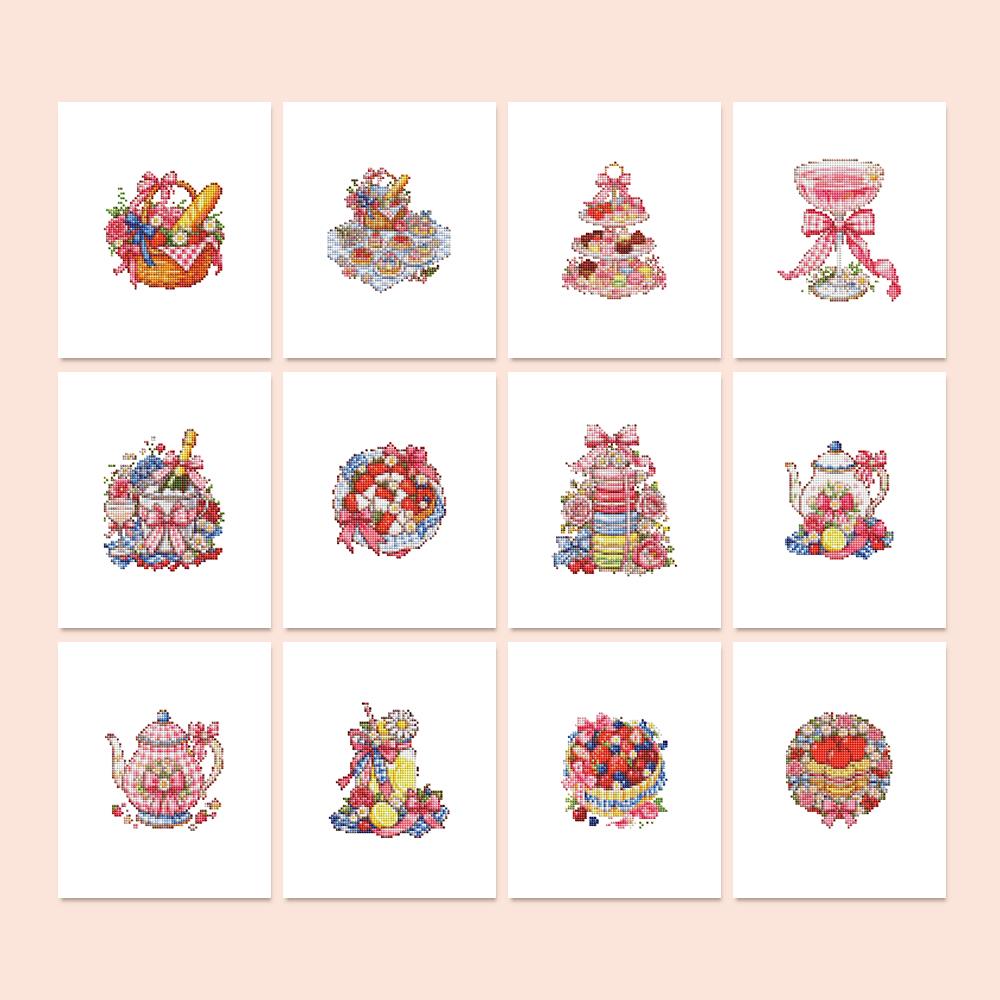 Pink Ribbon Afternoon Tea mini diamond painting – Pink tea-party sweets with bows: macaron towers, cake stands, teapots, berry tarts and fruit baskets
