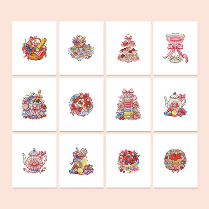 Pink Ribbon Afternoon Tea mini diamond painting – Pink tea-party sweets with bows: macaron towers, cake stands, teapots, berry tarts and fruit baskets