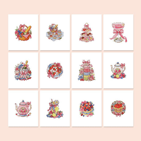 Pink Ribbon Afternoon Tea mini diamond painting – Pink tea-party sweets with bows: macaron towers, cake stands, teapots, berry tarts and fruit baskets