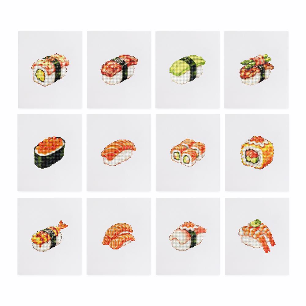Salmon Nigiri Sushi Bar mini diamond painting – the 12 designs laid out on white