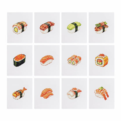 Salmon Nigiri Sushi Bar mini diamond painting – the 12 designs laid out on white